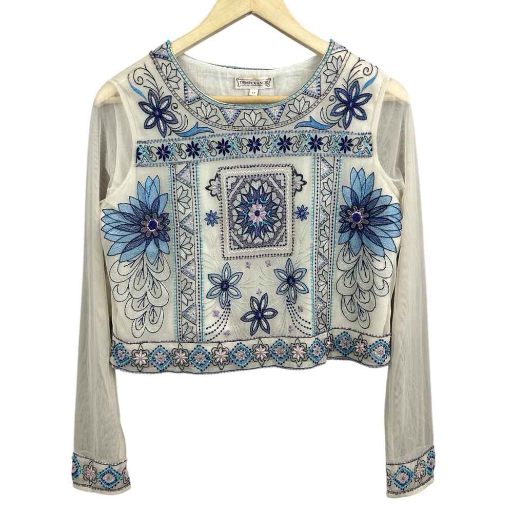 NWT Temperance Embroidered & Beaded Crop Long Sleeve Top Size Small